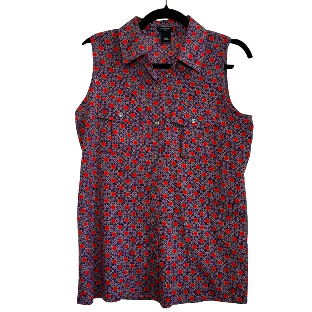 Ann Taylor Purple Red Geometric S Sleeveless Button Down Top Casual Preppy Retro